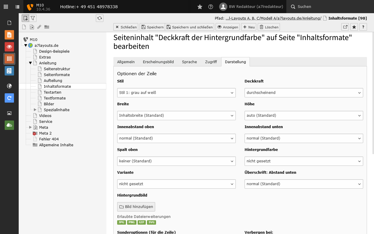 Einstellungsoptionen, die Redakteure pro Inhaltselement dank der TYPO3-Extension a7styles zur Auswahl haben