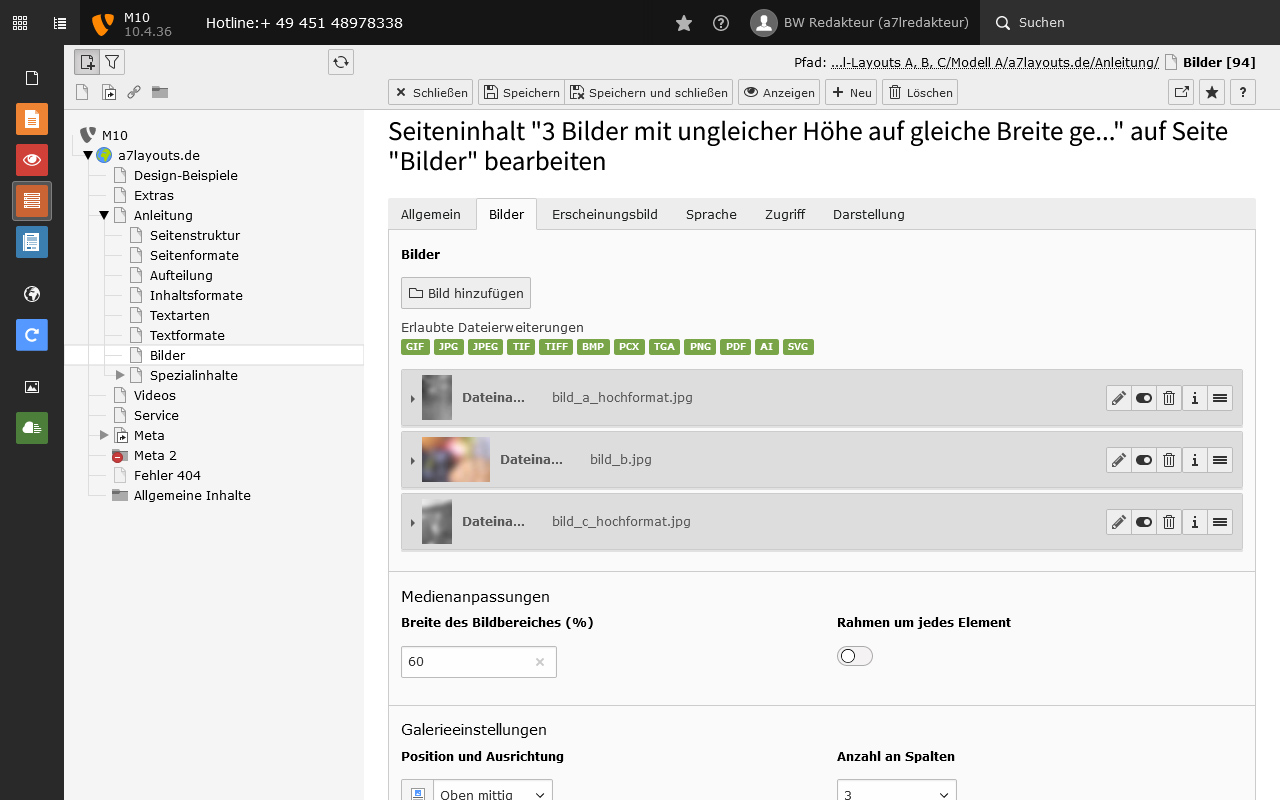Einstellungsoptionen der TYPO3-Erweiterung a7images für Bilder, die responsive sind