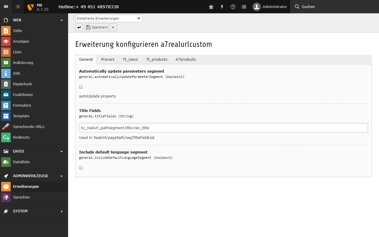 Einstellungsoptionen der TYPO3-Erweiterung a7realurlcustom zur Anpassung und Ergänzung der TYPO3-Extension realurl