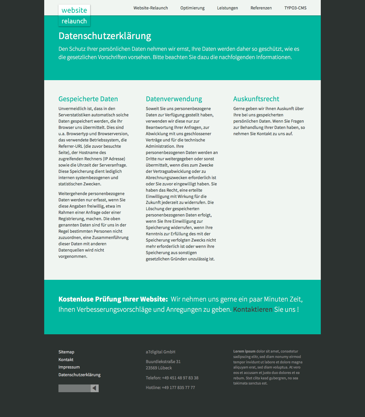 Text in einer und drei Spalten ohne Farbverläufe im Hintergrund (Screenshot: volle Seitenlänge bei 1280px Breite)