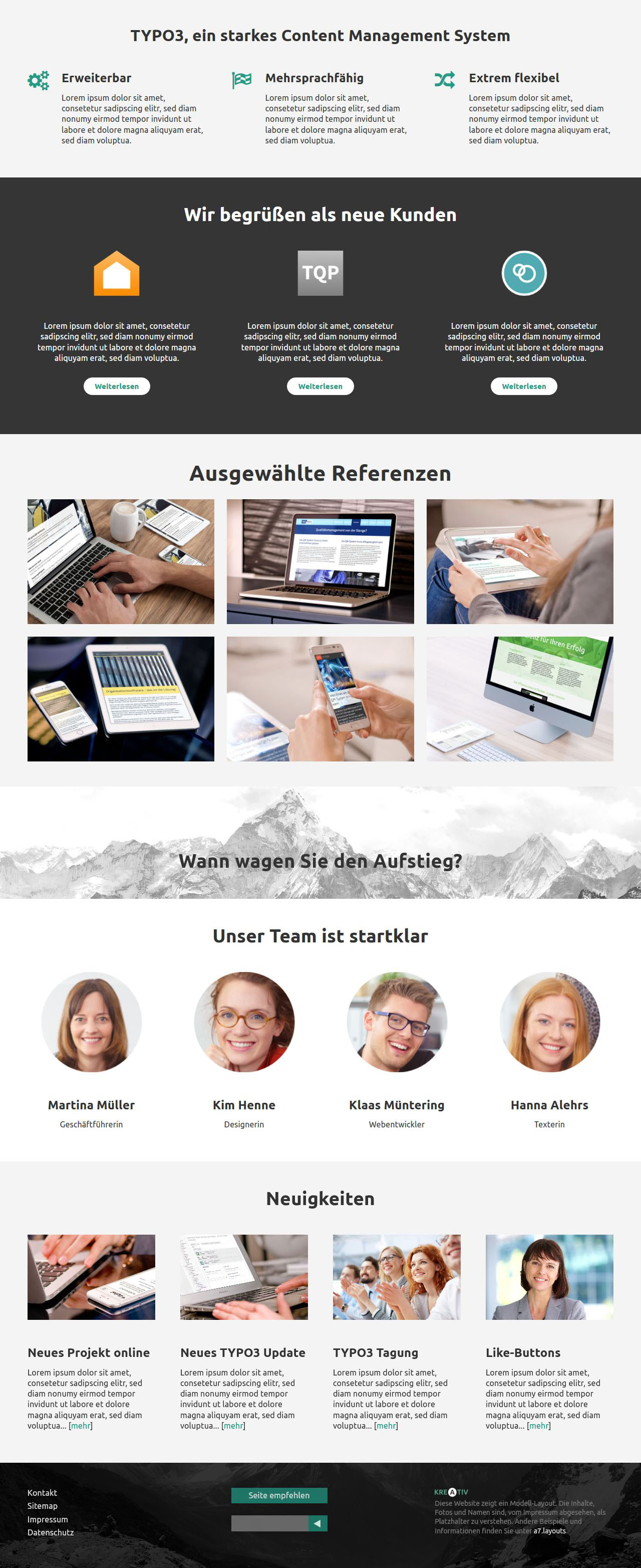 Fortsetzung der Startseite mit weiteren sehr abwechslungsreich gestalteten Inhalten (Screenshot: volle Seitenlänge bei 1280px Breite)