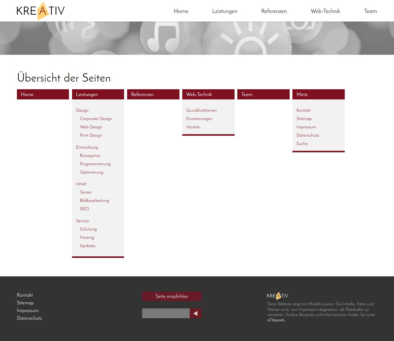 Ungewöhnliche Seitenübersicht der Website: Sitemap im Querformat (Screenshot: volle Seitenlänge bei 1280px Breite)